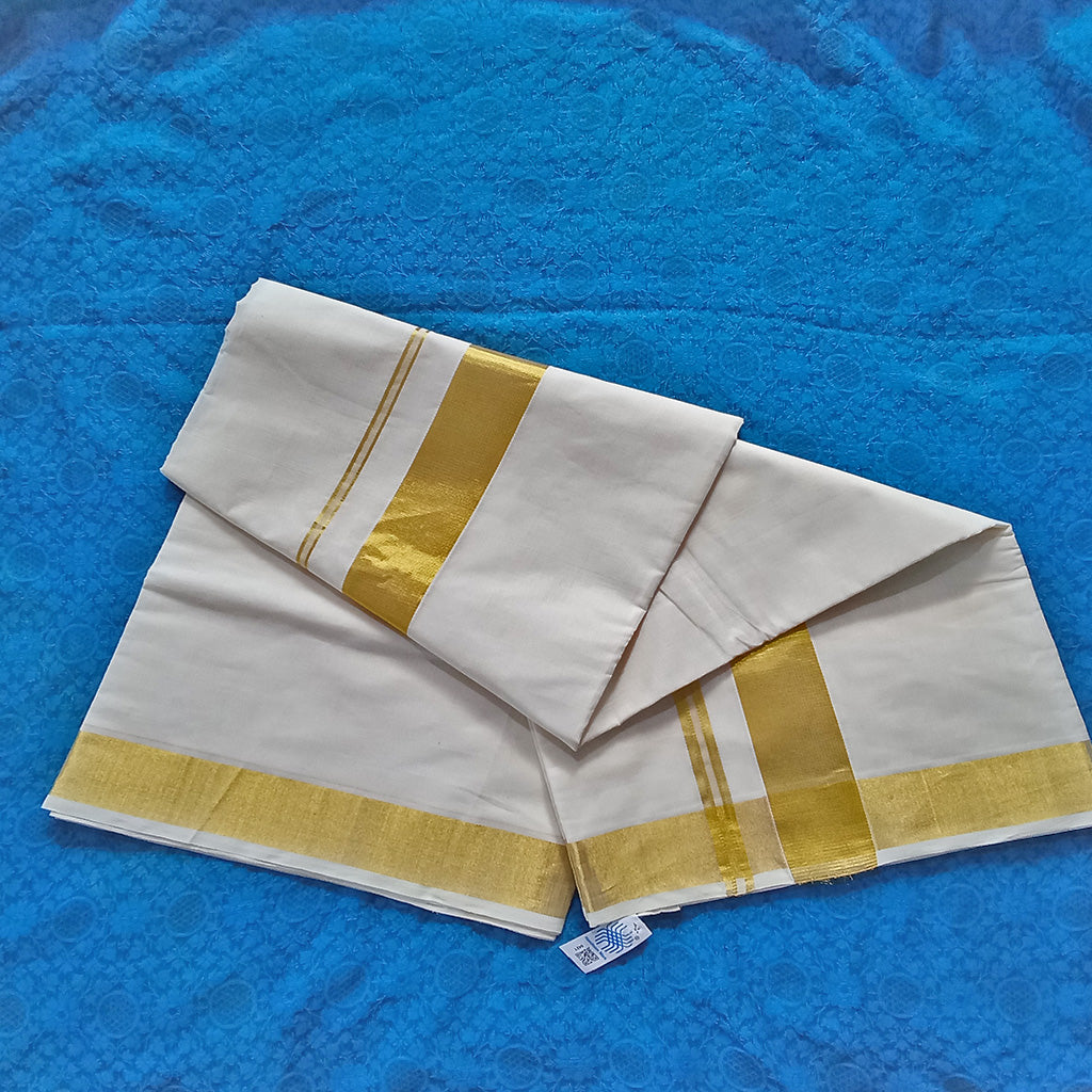 Original Handloom Saree Cotton Plain 2-inch golden zari Kasavu